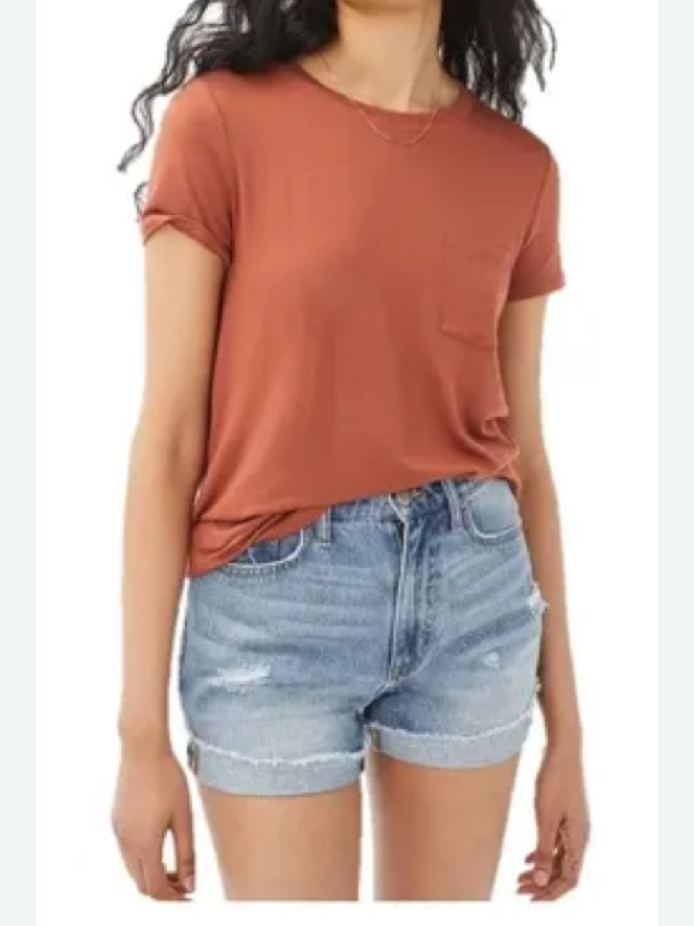 American Eagle Rust Red Short-Sleeve Pocket Distressed Hem T-Shirt Size Small